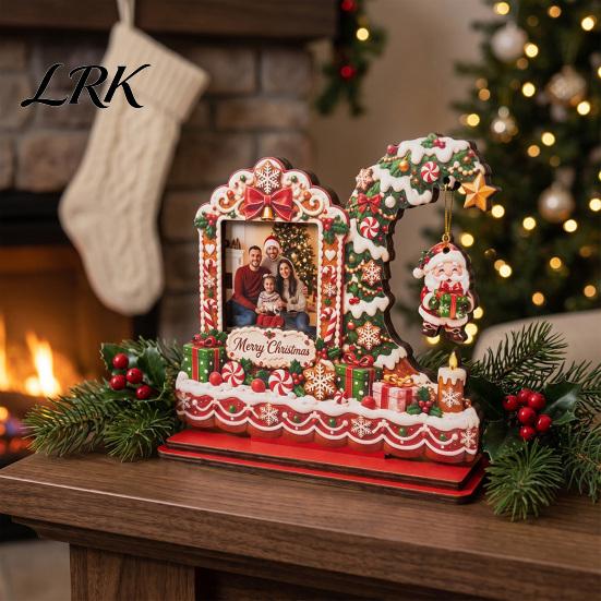 Seasonal Home Decor Christmas Wooden Photo Frame, 2D Picture Holder with Santa Snowman & Holiday Storage Snowflake Pendant, Family Display Frame