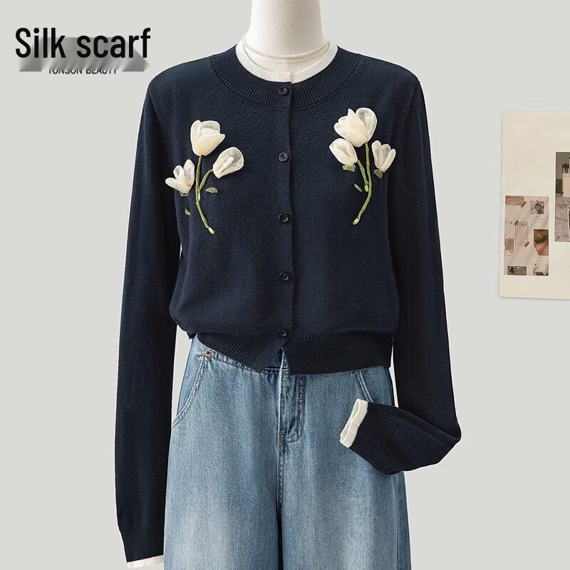 Siboer Women s Lamb Wool Blend 3D Floral Knitted Cardigan L