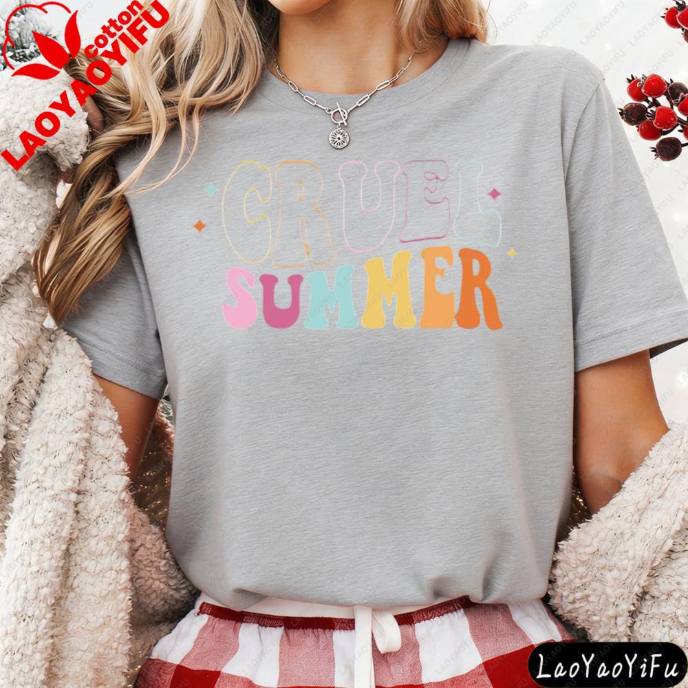 Cruel Summer Retro Groovy Schriftzug Grafik T-Shirt Modern und Trendig Unisex Baumwolle Kurzarm Sommer Lässig Alltag T-Shirt