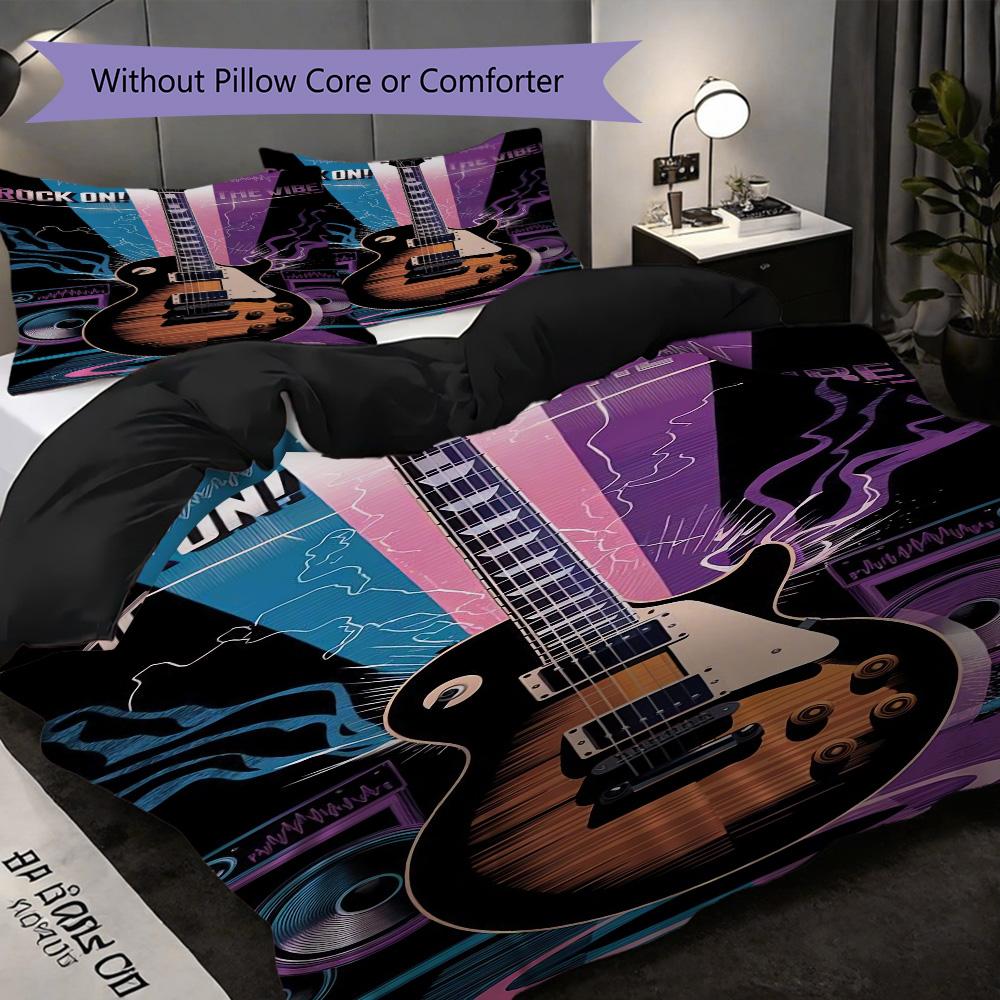 1PC Music, Guitar Theme Bedding Quilt Set Quilt Cover Pillowcase Home Decoration Birthday Gift (1 * Duvet Cover + 2 * Pillowcase, Without Core)