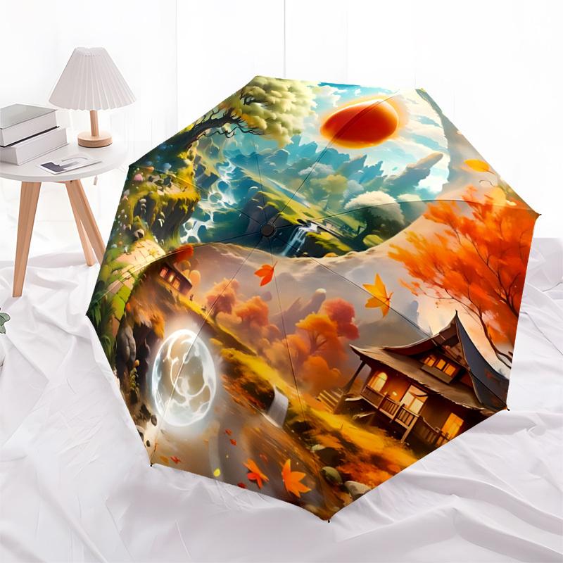 1PC Fantasy Landscape Automatic Open/close Umbrella with 8-Rib Structure for Women/Men, All-Season Use - Travel Essential, Stylish Accessory, Highqual