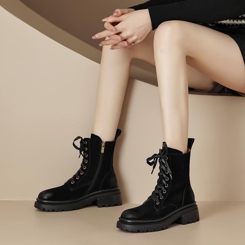 Women Ankle Boots 2024 Cross-Tied Popular Thick Heels Shoes Woman Autumn Winter Cow Suede Leather Casual Outdoor Platform Shoes