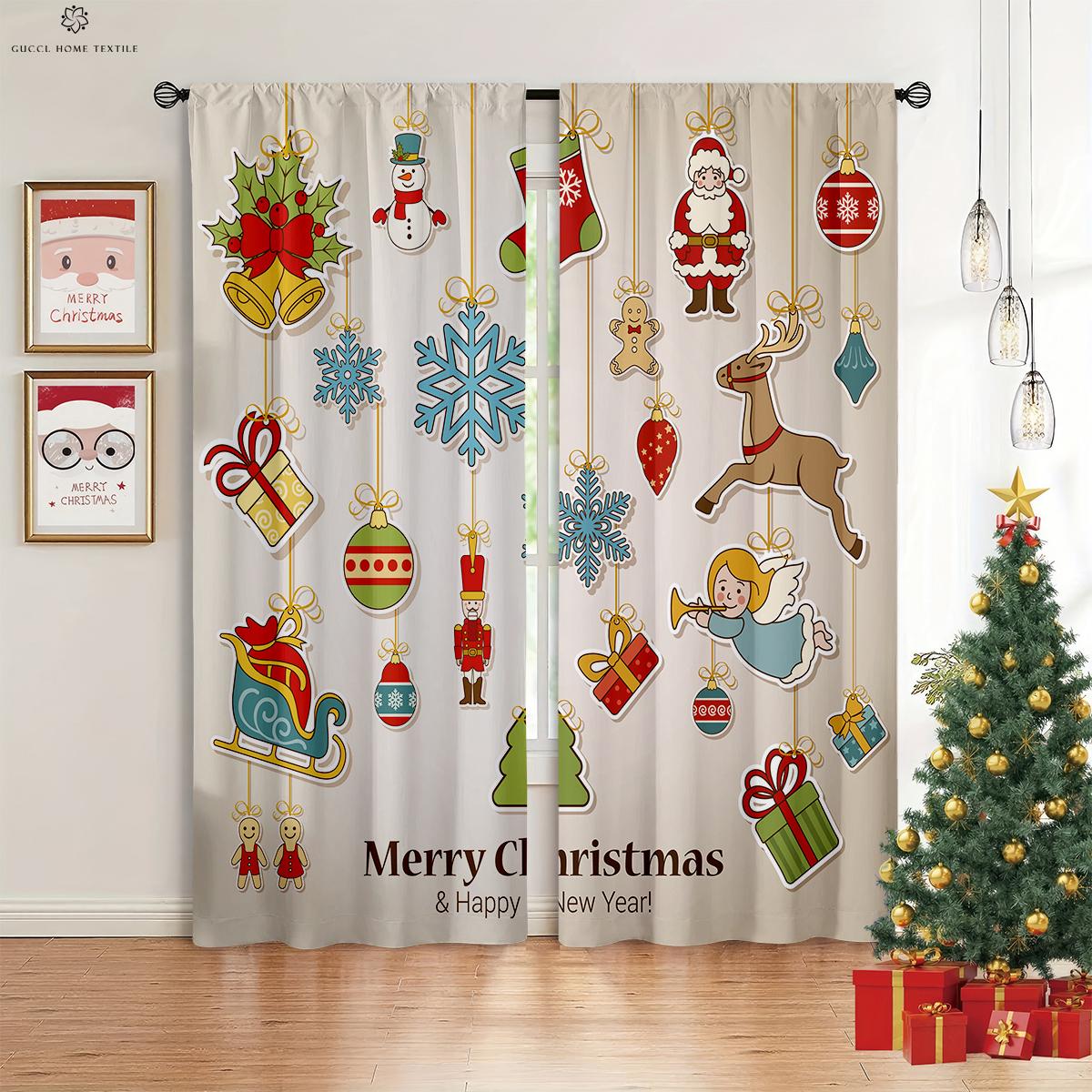 

Christmas Ball Snowman Gift Decorative Printed Window Curtains Suitable Ideal for Bedchamber Living Room Kitchen Curtain Home Textile W50xH130(CM)x2PCS&Grommet Top