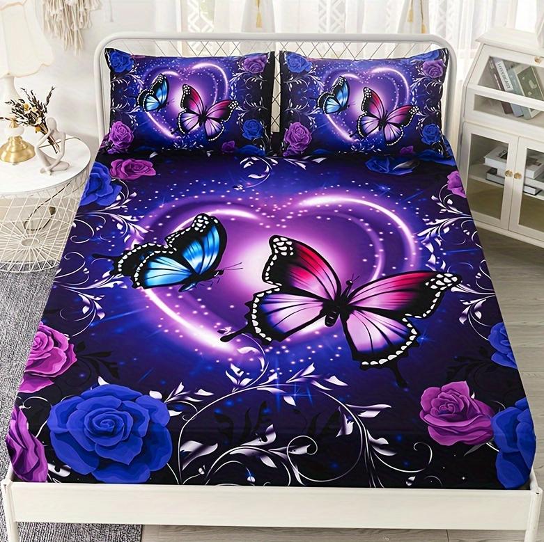 Pet Cat Print 3pcs Fitted Sheet Set, Soft Comfortable Breathable Starry Sky Bedding Mattress Protector Set, For Bedroom, Guest