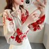 Women's Long-Sleeve Floral Shirt Collared Chiffon Printed Blouse Top Spring