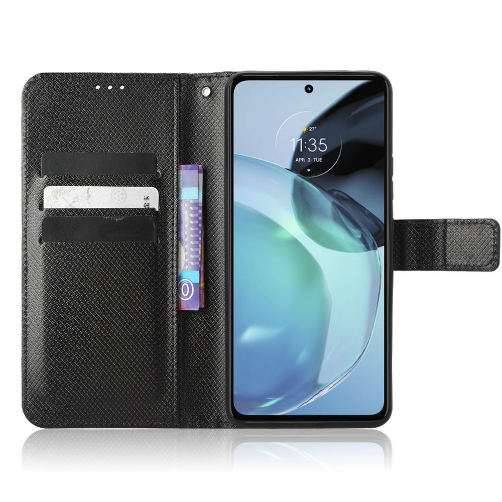 

For Motorola Moto G72 4G Magnetic Closure Cell Phone Cover Diamond Texture PU Leather Stand Anti-fall Flip Wallet Phone Cover with Strap Black