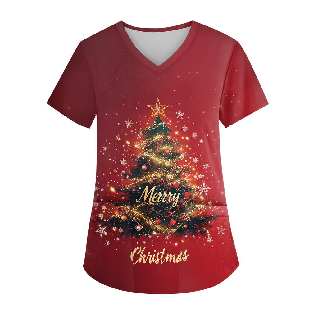 Women's V-neck Christmas Print Short-sleeved Pocket Side Slit Uniform Top