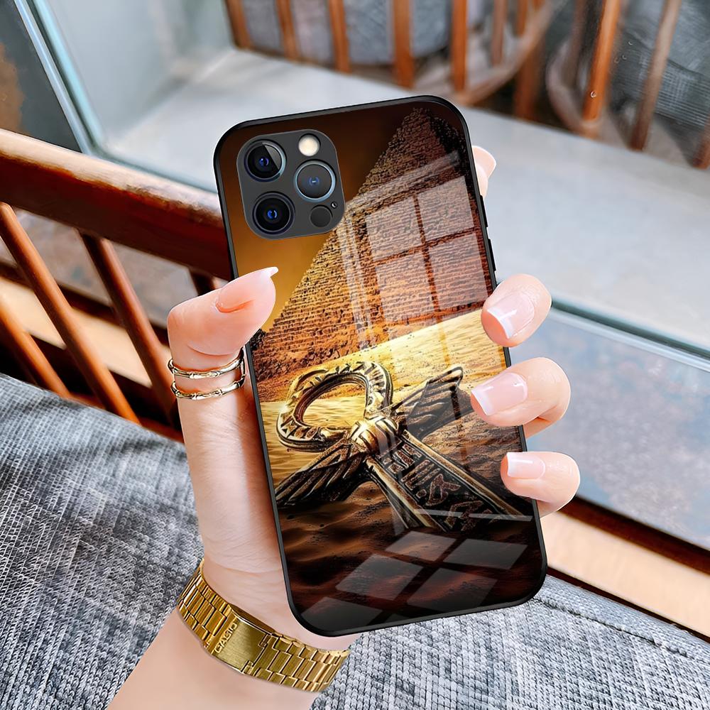 

Egypt Nefertiti Anubis Ankh Phone Case for Iphone 16 15 13 12 14 11 Pro Max Mini Puls smartphone glass Cover iPhone 14 Pro Max