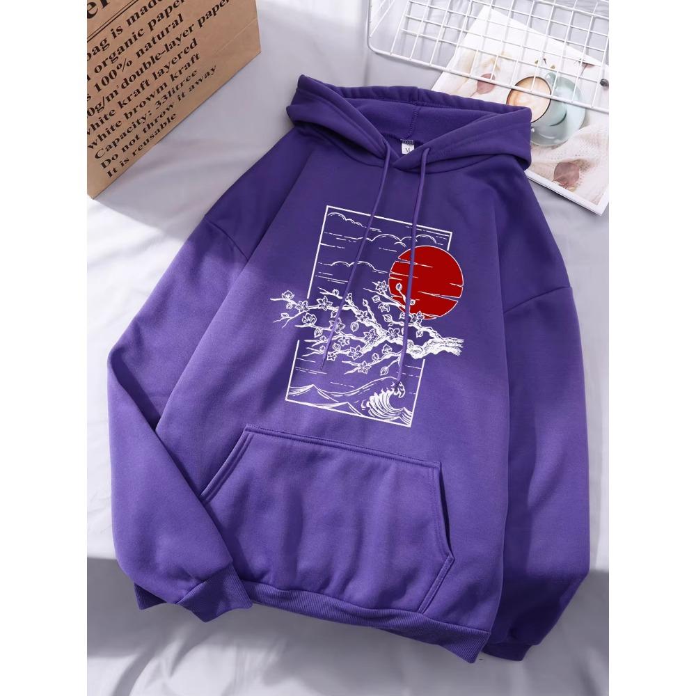 Japanese Cherry Blossoms Printing Hoodies Womens Winter Fleece Warm Sweatshirts Casual Pocket Tops Street Womans