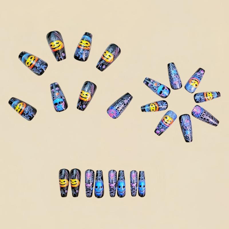 24 Pieces Halloween Nail Art Set Gothic Pumpkin Skeleton Detachable Artificial Nail ABS Material for Parties