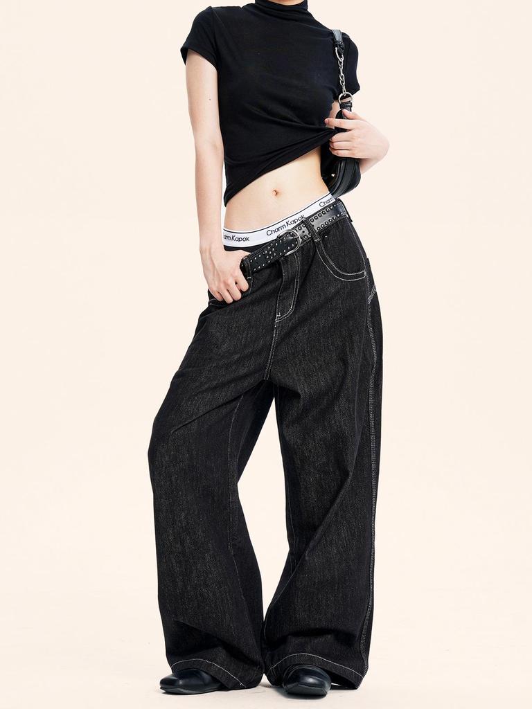 Yongfang Unisex Retro Black Wide-Leg Jeans: Casual, Loose, Washed Straight-Leg Pants.