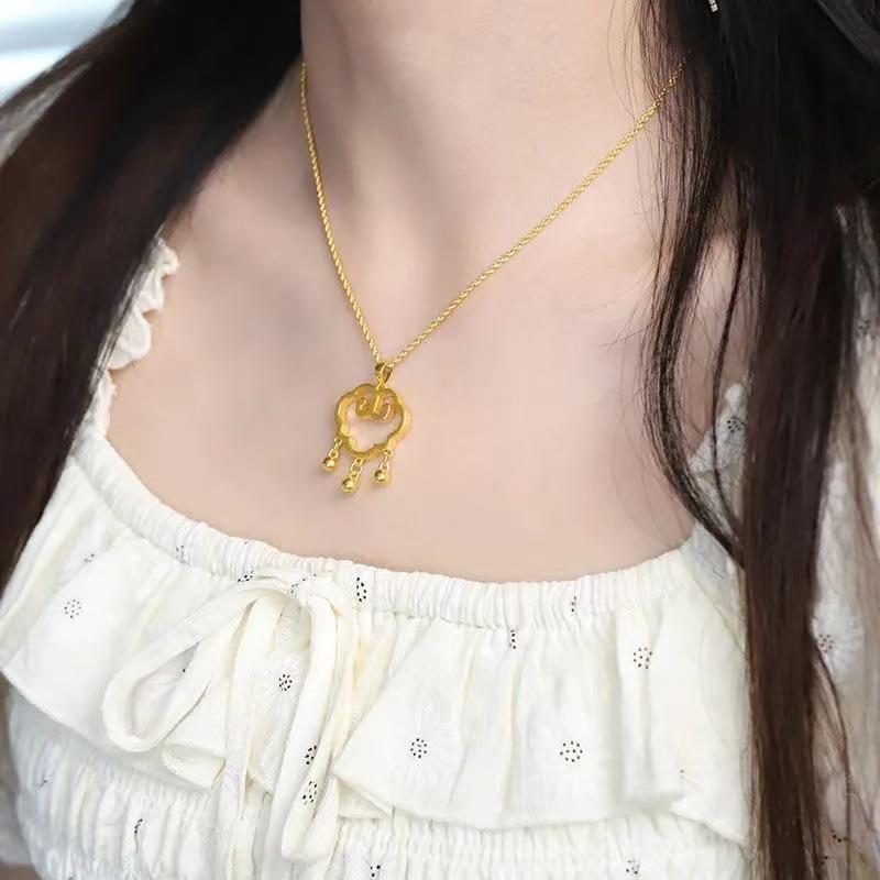 Versatile Auspicious Cloud Gold Lock Necklace with Bell Pendant - New Chinese Style for Women 2026