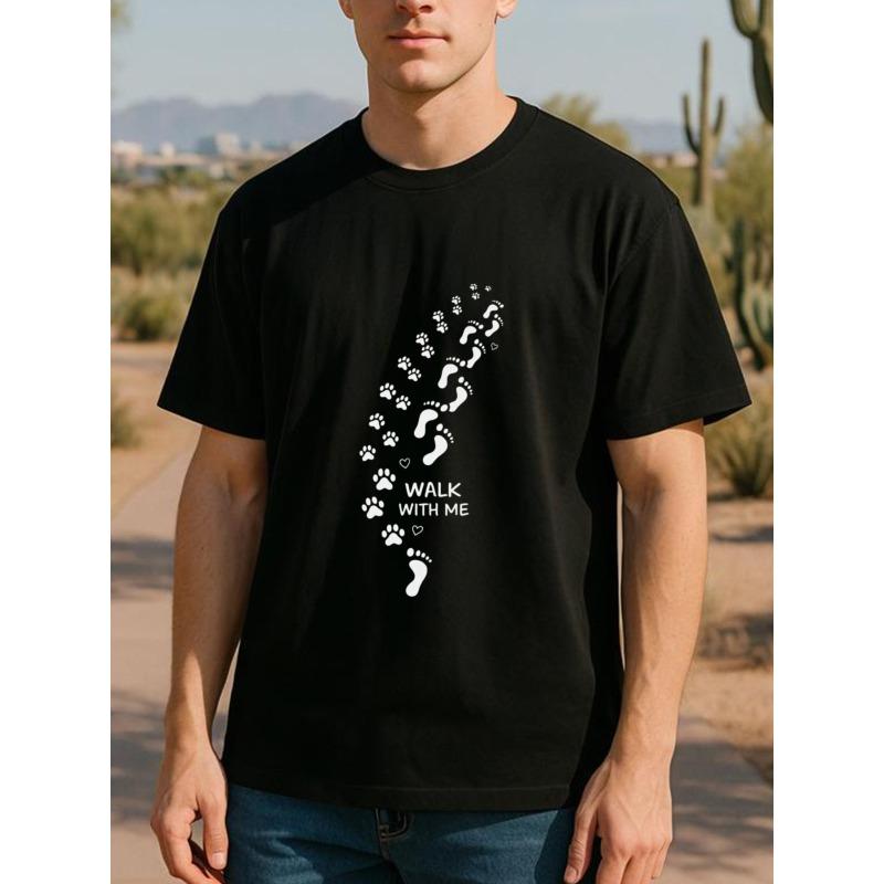 Europeiska storlekar "Walk with Me" Fotavtryck och Tassavtryck Husdjur Varm Stil Sommar Mode T-shirt | Herr Casual Rund Hals