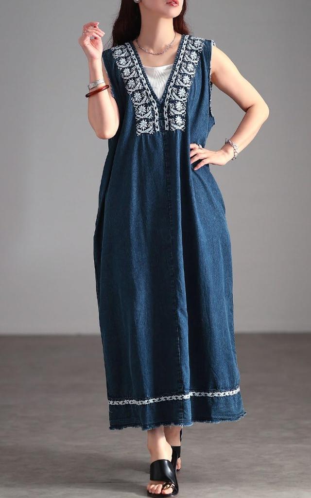 Plus Size Long Maxi Sleeveless Denim Dress with Embroidery and Pockets Spring Blue [Gold Japan] Women's V-Neck - Summer, Autumn, - Fem-635 LL-4L
