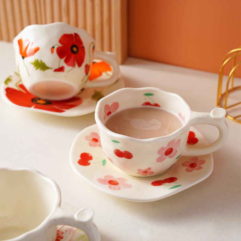 Exquisite Hand-painted Flower Ceramic Cup and Plate Set, Cute Coffee Mug, Office Breakfast Oat Milk Cups, Couple Christmas Gift