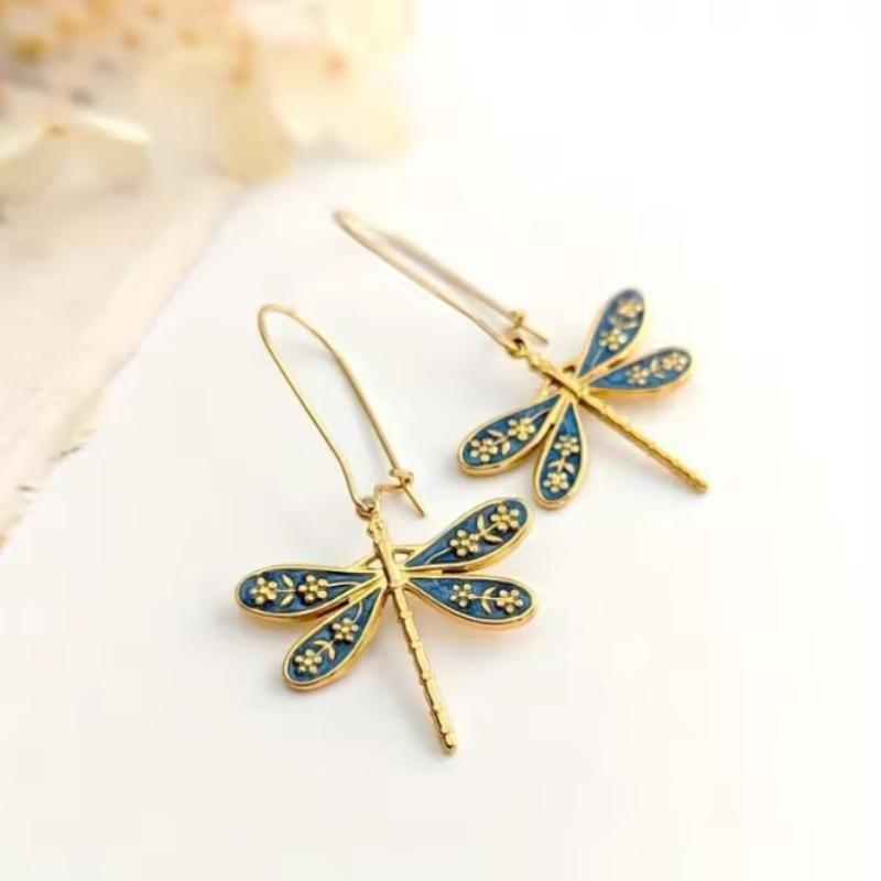 1 Pair of Personalized Creative Dragonfly Style Patterned Pendant Earrings, Women's Retro Classic Holiday Accessory Gift