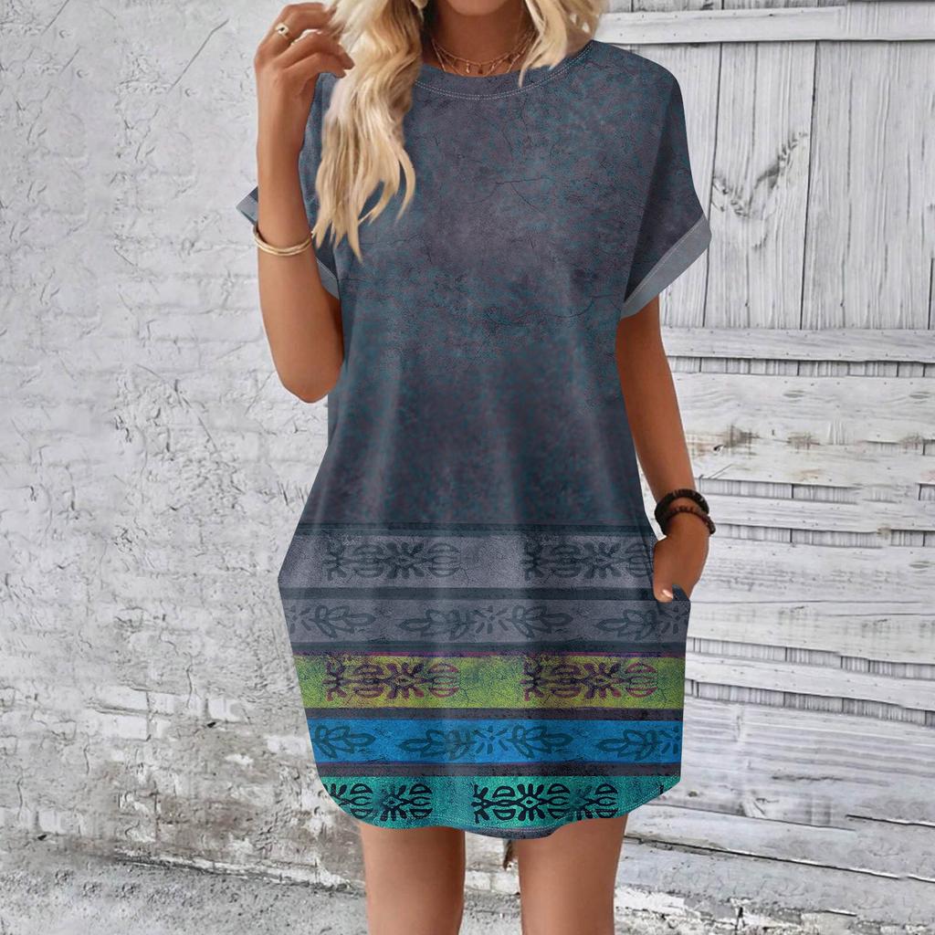 Rochie tricou lungă medie, la modă pentru femei, cu mâneci scurte, cu imprimeu de vară