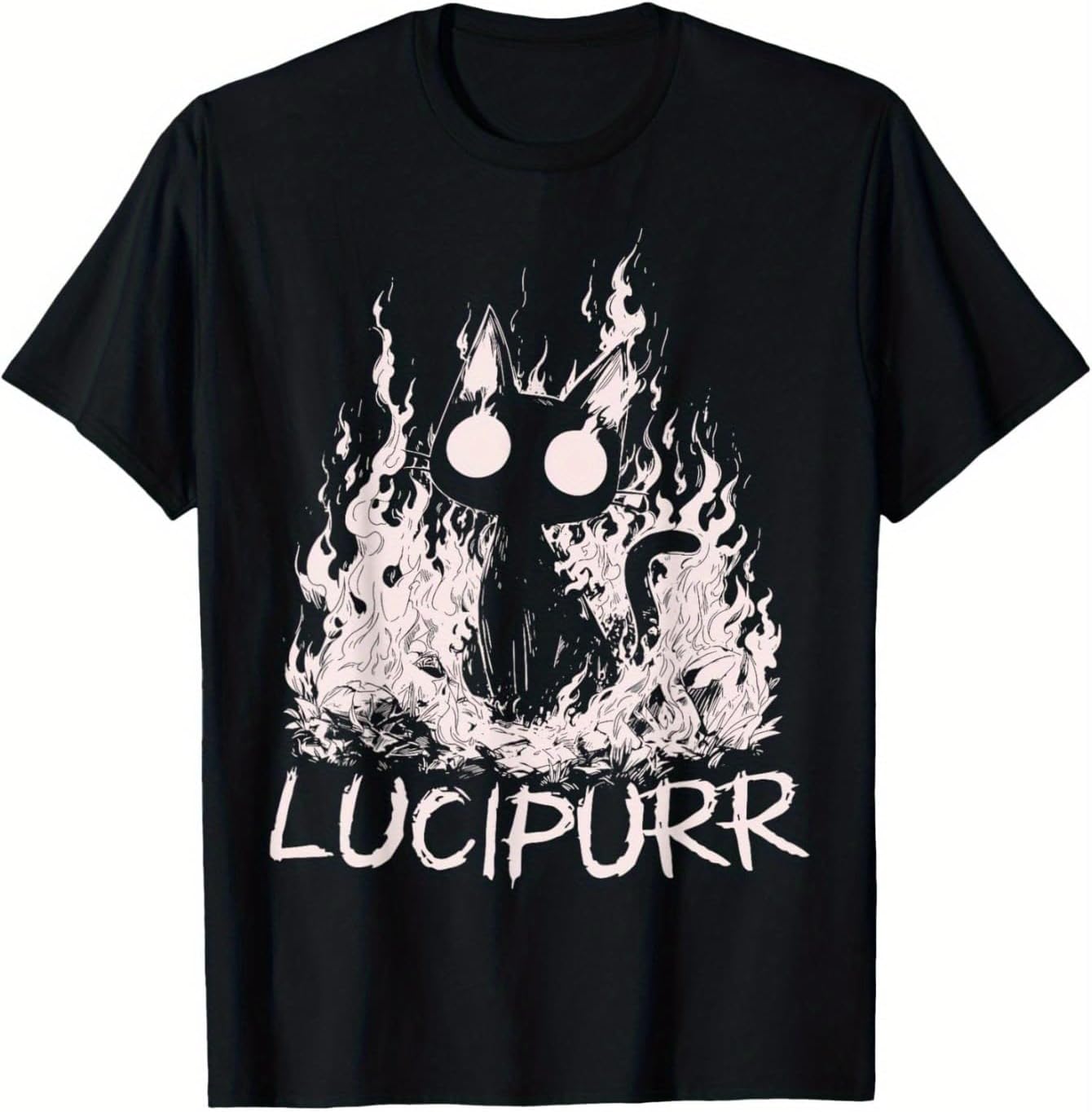 Men s Retro Hip Hop Graphic T-Shirt, Black Demon Cat Flames Print, Loose Fit Crewneck Streetwear Top S разноцветный