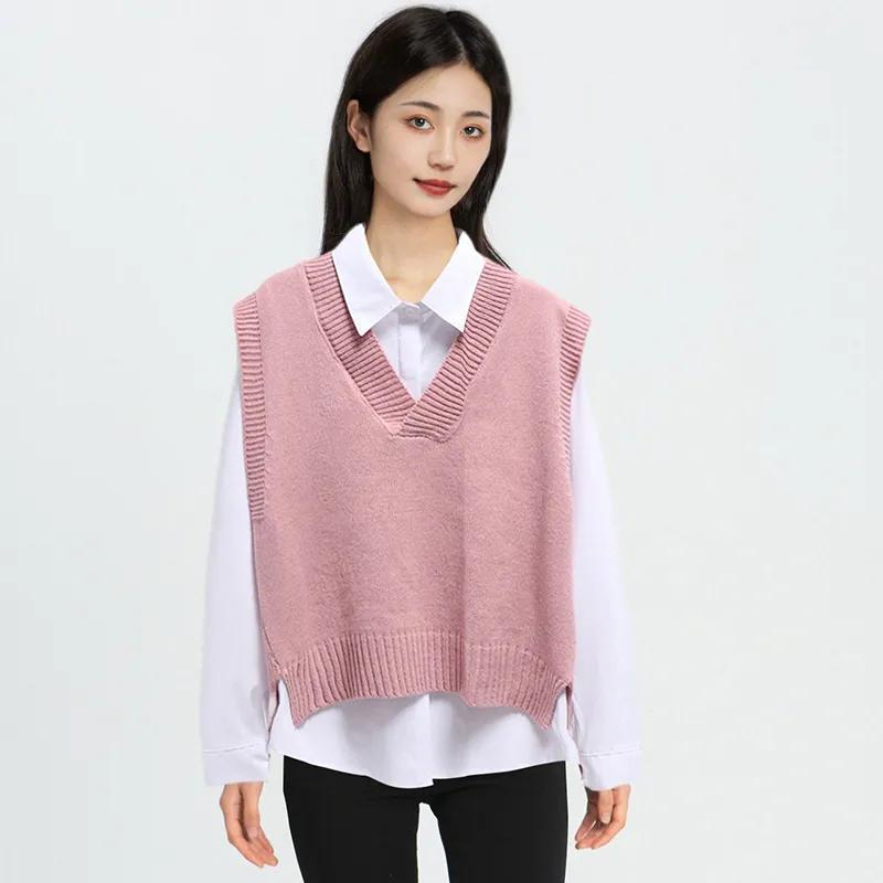 

Женский свитер, жилет с v-образным вырезом, вязаный топ, корейский модный вязаный свитер, весна и осень L розовый