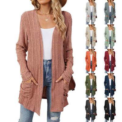 Autumn and Winter New Pit Stripes Long-sleeved Pockets Casual Solid Color Cardigan Jacket Long Cardigan Women Tops Kawaii Sweater