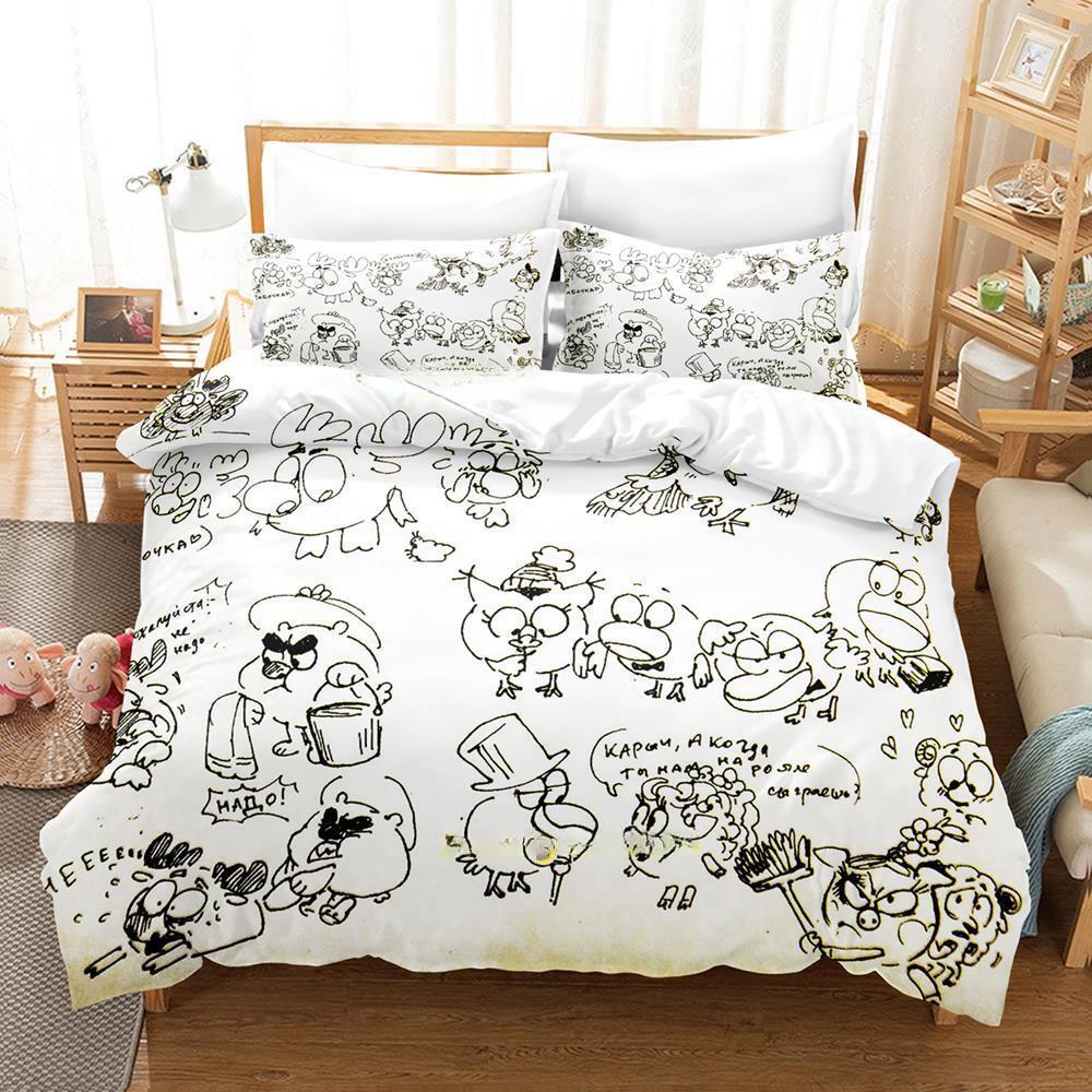 Smeshariki Zestaw pościeli Pojedynczy Bliźniaczy Pełny Queen King Size Zestaw na łóżko Dorosły Dziecko Sypialnia Zestawy poszewek na kołdrę Druk 3D Anime Zestaw prześcieradeł