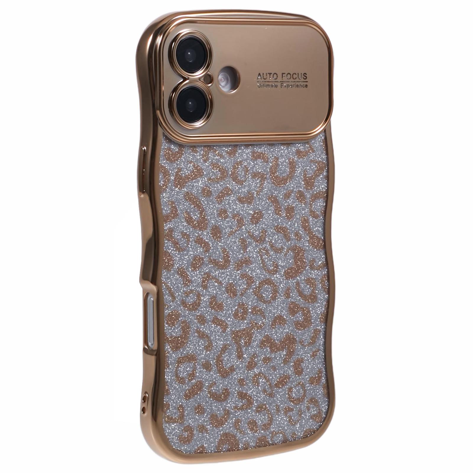 

For iPhone 16 Plus Case Curly Frame TPU Phone Cover Leopard Print Glitter Gold