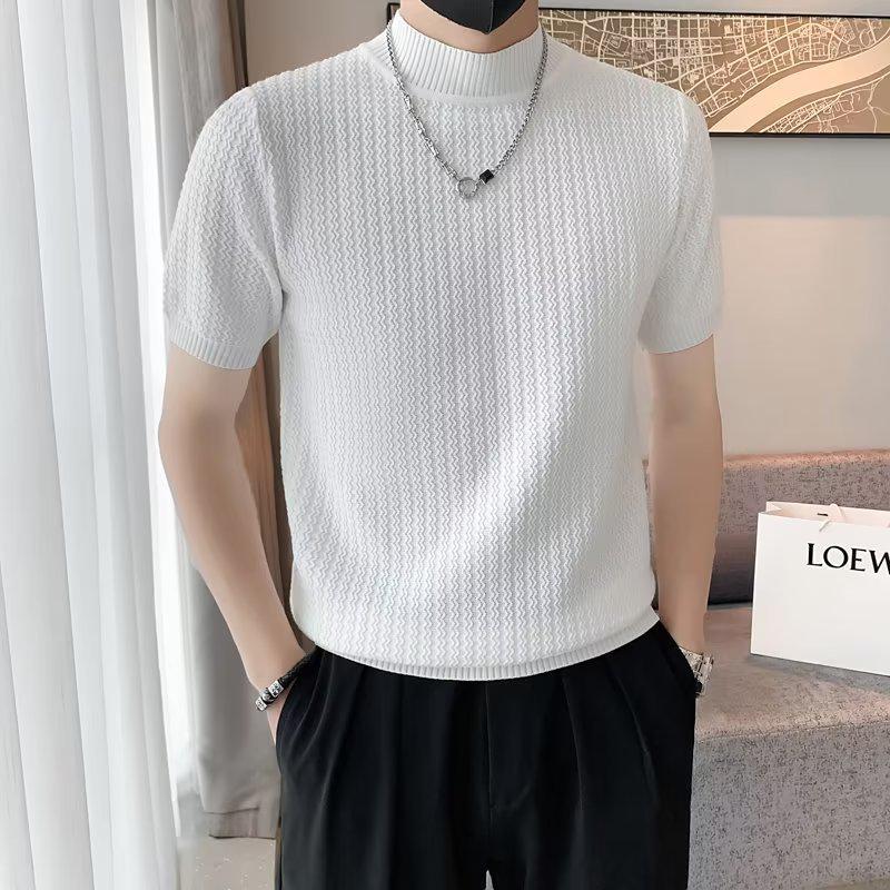 Men's Slim Fit Half Turtleneck Short Sleeve Knit Sweater - Spring/Autumn Solid Color Casual Top
