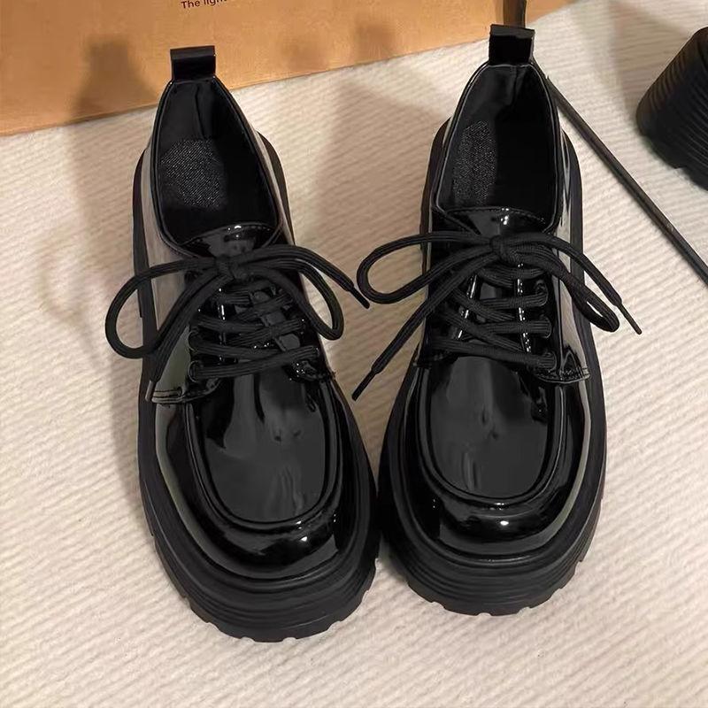 Black Platform Versatile Lace-up Small Leather Shoes for Women's 2025 Spring and Autumn New Retro British Style Loafer Single Shoes