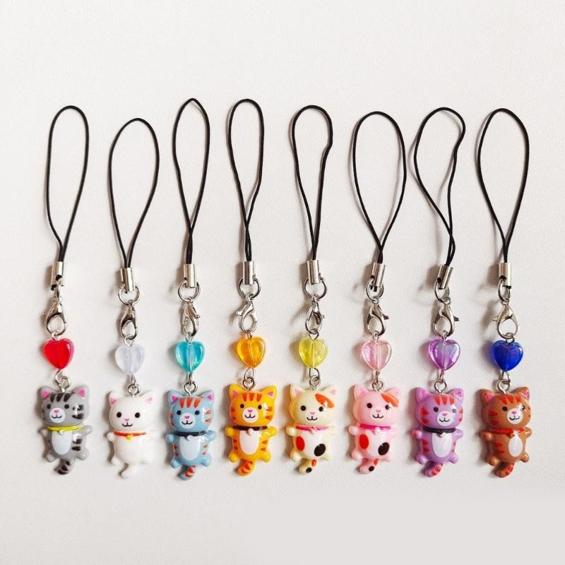 Cute Cat Pendant Phone Chain Strap Heart Charm Keychain Phone Lanyard Resin Keyring Bag Backpack Ornament Party Jewelry