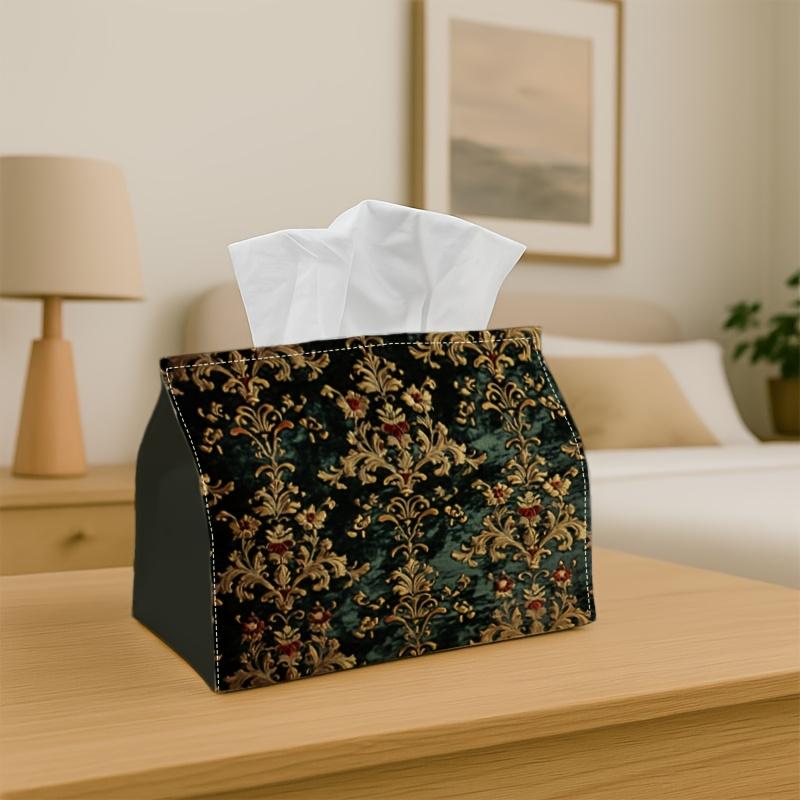 1pc Tissue Box with Botanical Design- Golden And Black Floral, Versatile Paper Towel Holder for Home, Office, Car- Made of Durable Polyester, Fun Desi