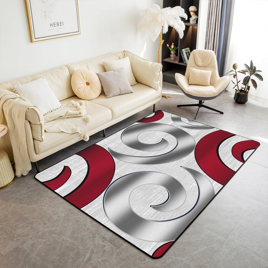 Contemporary Earthy Tone Themed Rug,Red Brown Beige Abstract Wave Non-Slip Floor Mat for Bedroom Living Room Office Decor Carpet
