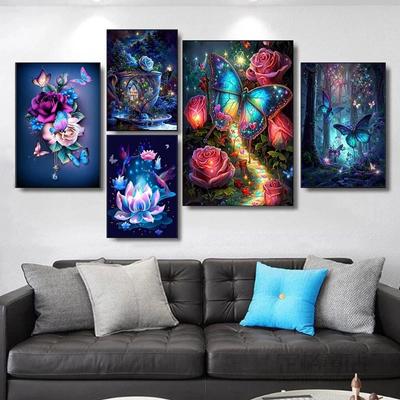 Klassische Abstrakte Wandkunst mit verträumten Blumen Schmetterlingen HD Leinwanddruck Poster für Wohnzimmer Schlafzimmer Dekoration Elegantes Zuhause