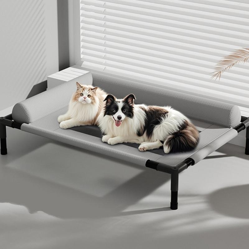 Breathable Raised Dog Bed Outdoor Cooling Pet Cot With L Shape Pillow Steel Frame Chew Resistant Washable For Medium Dog