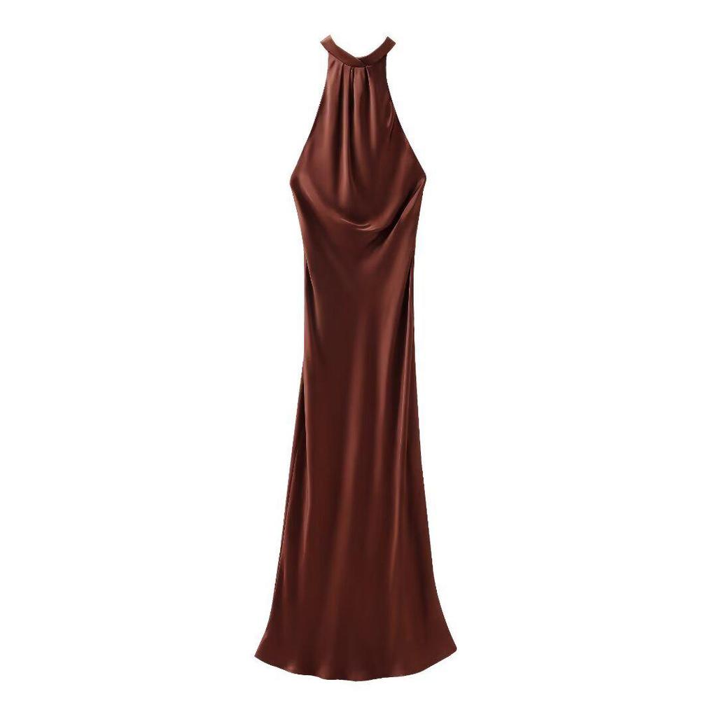 Spring 2025 Women's Elegant Slim Backless Silk Satin Halter Dress