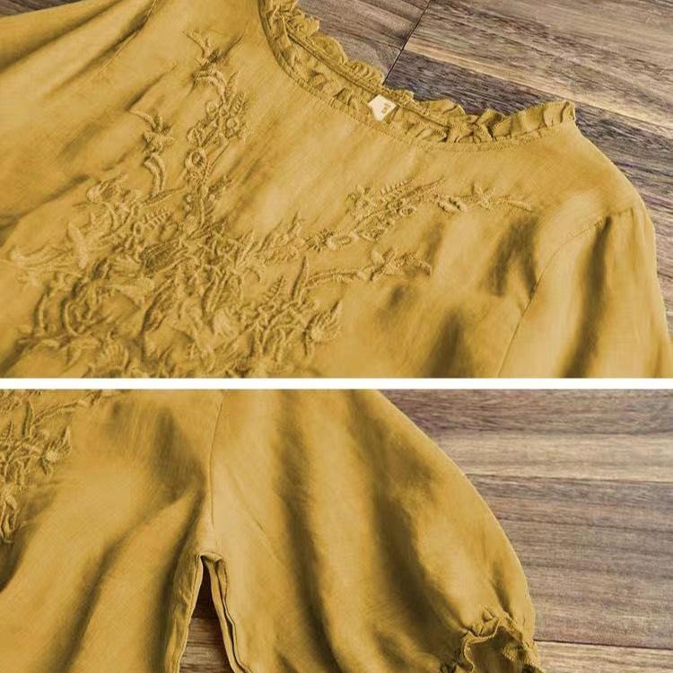 Summer Cotton Linen Tshirt Women Short Sleeve Embroidery Loose Fit Mom Top