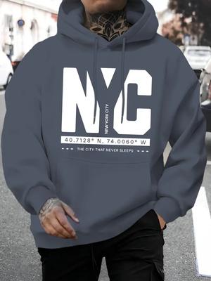 Men's Casual New York Letter Printed Casual Hoodie, Fashionable Drawstring Hoodie, Autumn and Winter Top, Comfortable and Versat