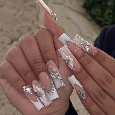 24pcs Clear Diamond White French Press On Nails 3D Carved Acrylic Flower Long Coffin False Nails Full Cover Fake Nail Tips Daily