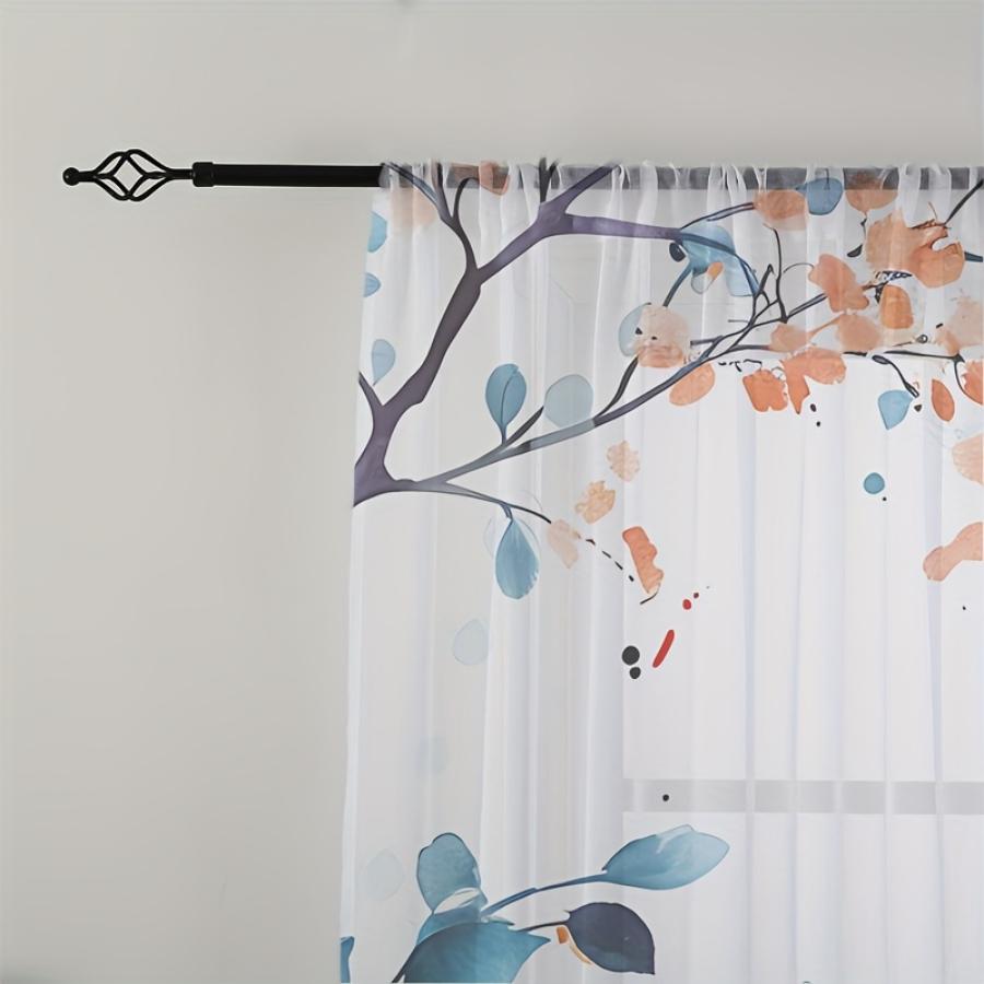 2PCS Digital Printed Sheer Curtain, Green Branch Koi Fish, Oriental Watercolor Zen Garden for Living Room Bedroom Home Decor