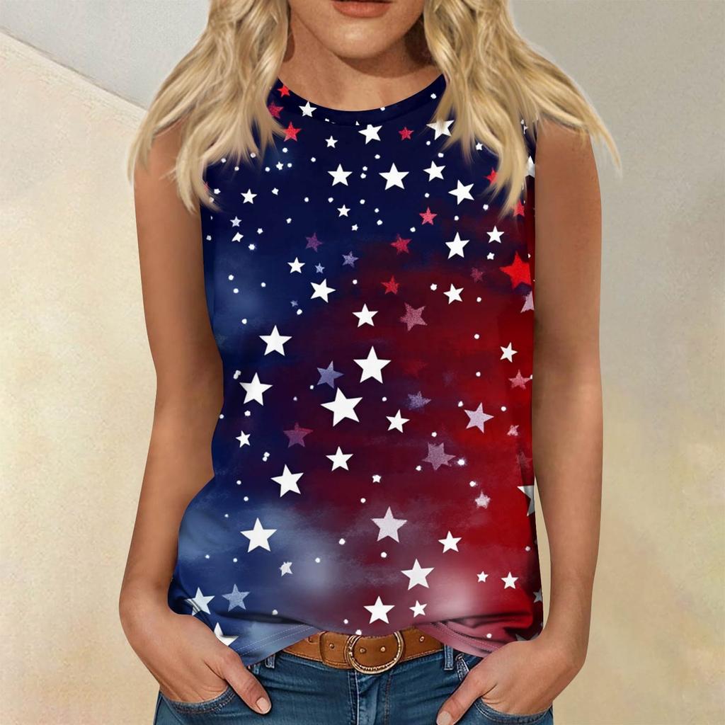 Women's Fashion Casual T-Shirt Round Neck Sleeveless Independence Day Printed Vest Top