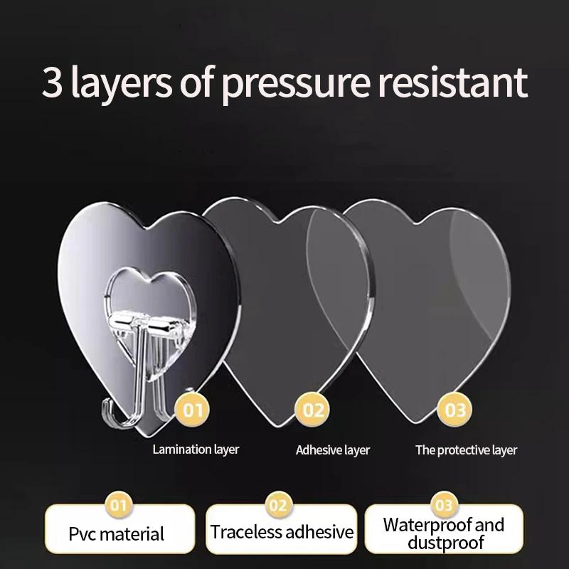 Heart Shape Transparent Hooks Non Punching Plastic Love Hangers Holder Self Adhesive Key Towel Multi-Purpose Hooks Storage Rack