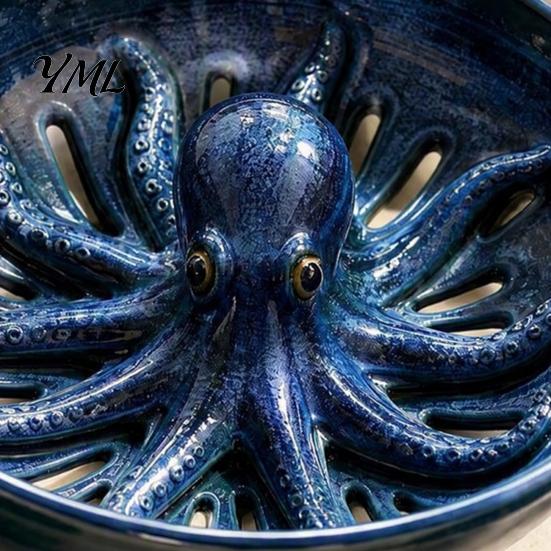 Delicate Food Drainer Self Spinning Ceramic Berry Washing Bowl, Octopus Shape 360 Degree Vortex Herb Container Cleaning Colander, Integrated