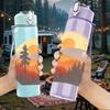 1PC Mountain Sunset Landscape Print 750ml Color Plastic Sports Water Bottle Leakproof Flip Straw Lid Suitable for Sports Office Home Use