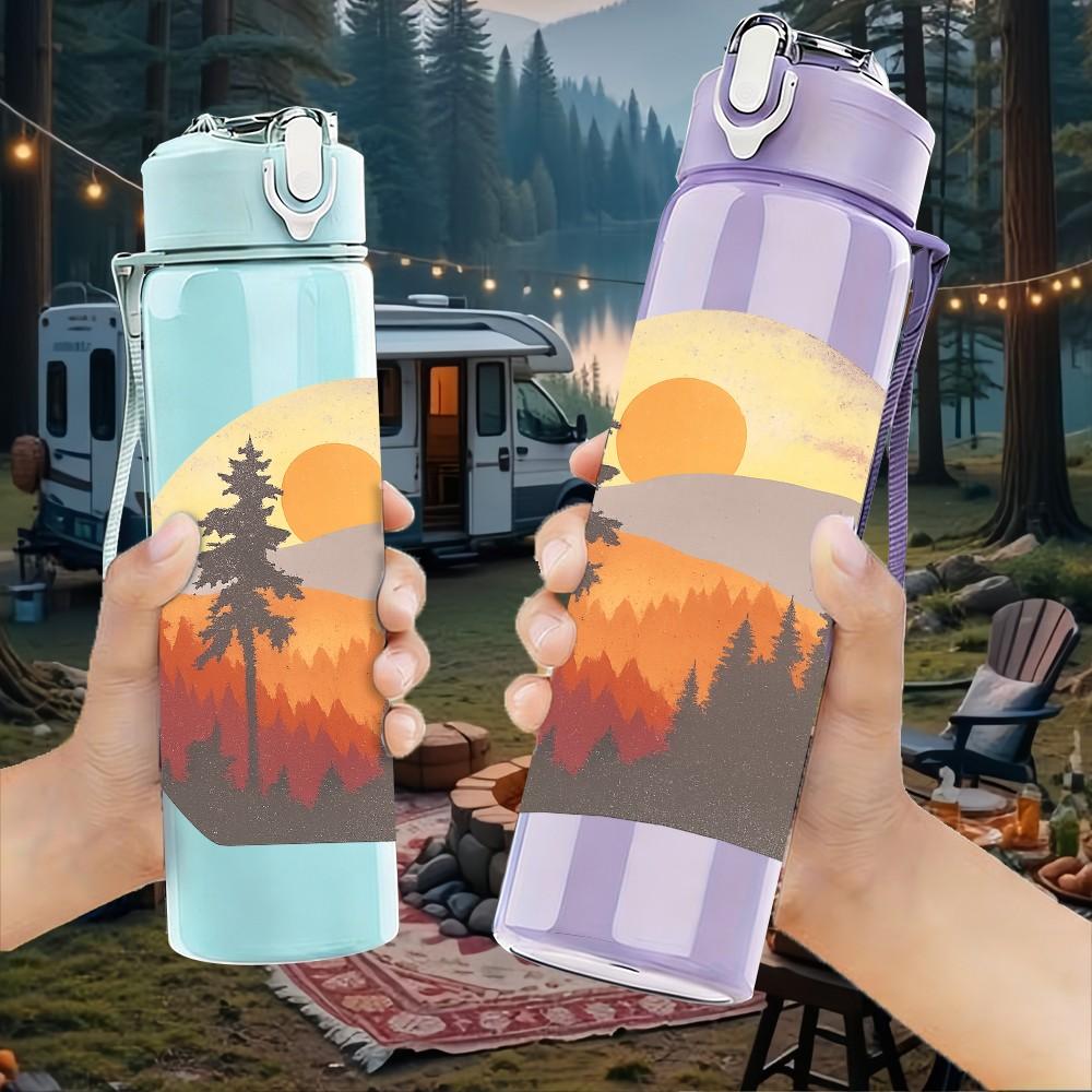 1PC Mountain Sunset Landscape Print 750ml Color Plastic Sports Water Bottle Leakproof Flip Straw Lid Suitable for Sports Office Home Use