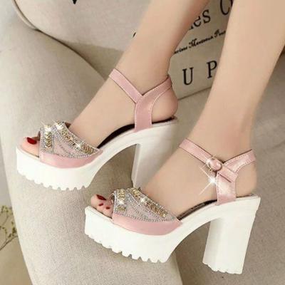 Fashion Women's Shoes Summer 2024 Chunky Crystal Thick Heel Sandals for Woman Heeled Diamond Pumps Rhinestones Footwear High Heels Block
