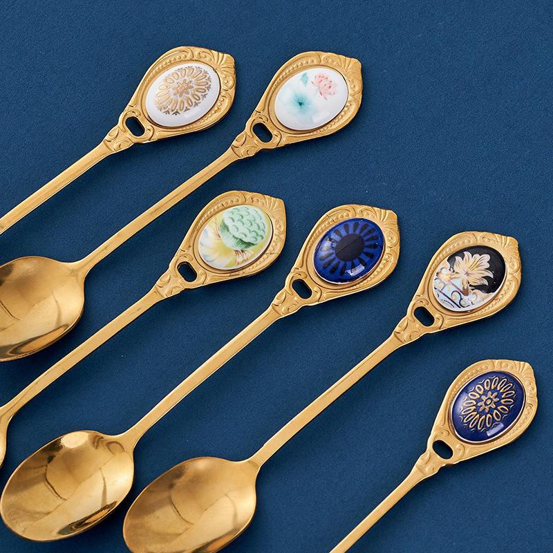 English Afternoon Tea Coffee Cup Small Spoon Golden Stir Small Luxury Dessert Spoon Fork Cake Dim Sum Fork