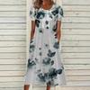 Summer New Plus Size Women Printed Dress Round Neck Vintage Print Floral Loose Dress Women Elegant Fashion Vacation Slim Long Dress with Pockets 26376
