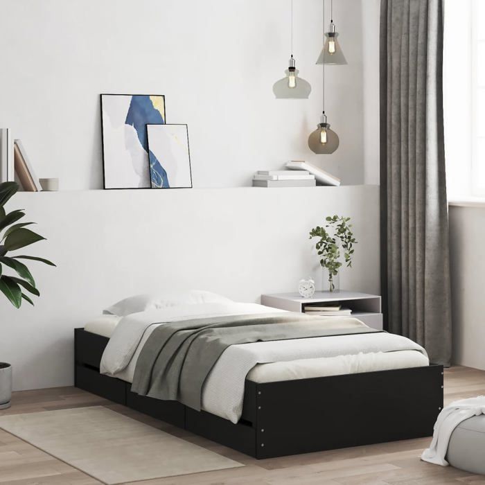 VidaXL Cadre de Lit avec Tiroirs, Lit Simple avec Sommier à Lattes, Lit Adulte, Meuble de Chambre à Coucher, Noir 90x200 cm 3207295