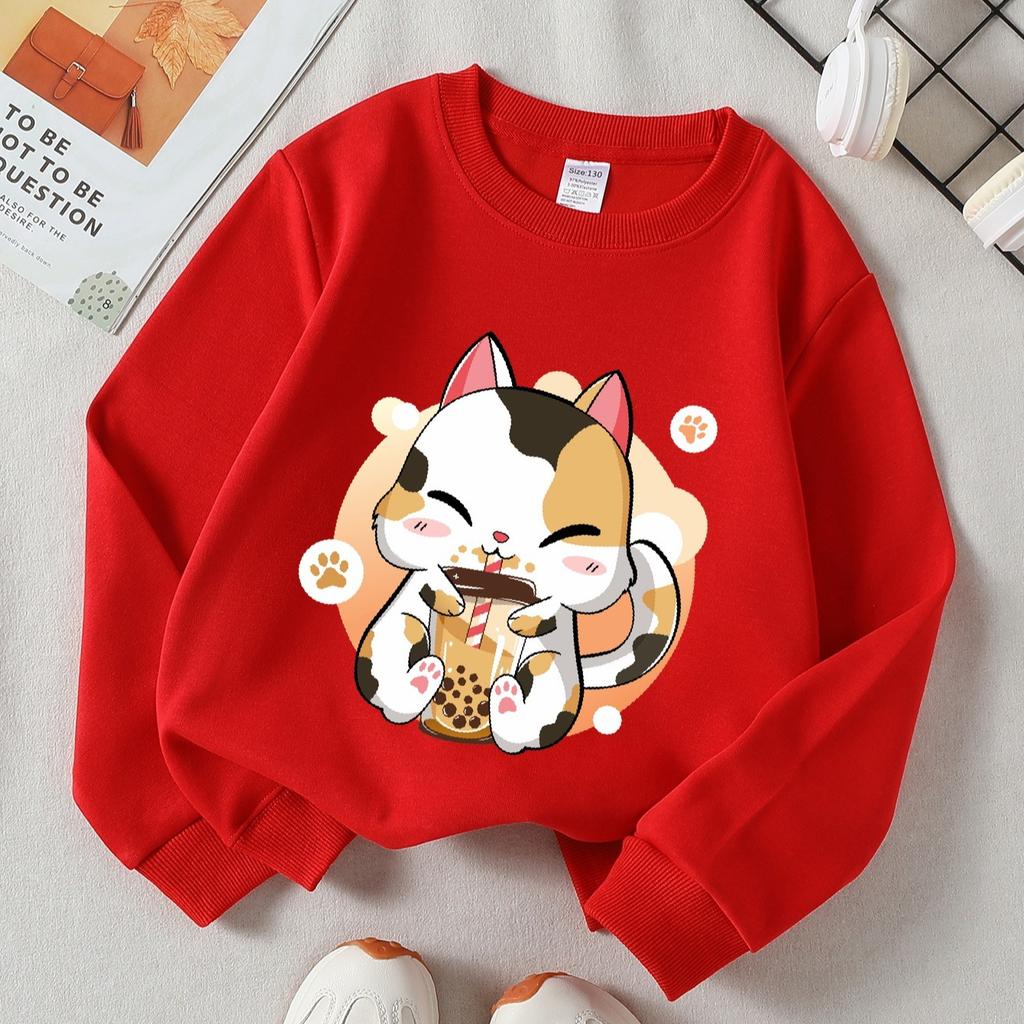 Kids Crewneck Long Sleeve Sweatshirt,Cartoon Lucky Cat Graphic Print