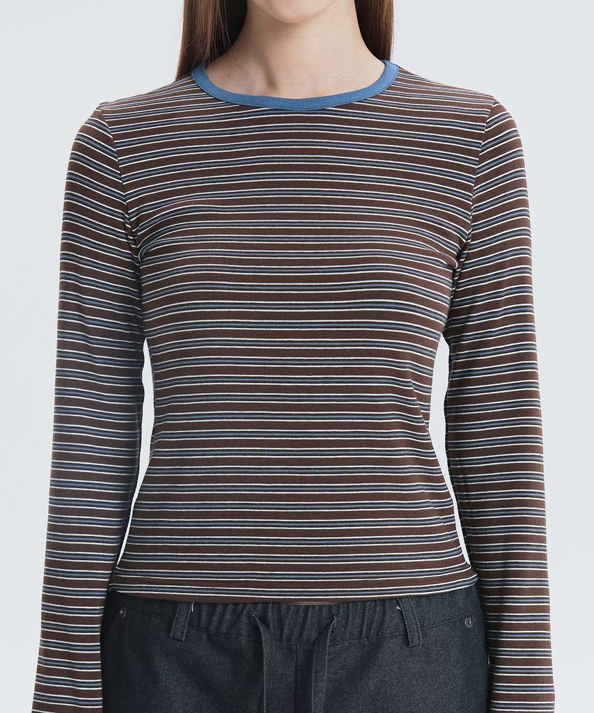 IHR Color Neck Striped Long Sleeve / Brown