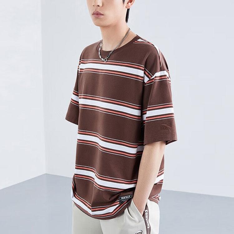 Anta Striped Loose Knit T-Shirt Unisex Tops Chocolate 952328105-2